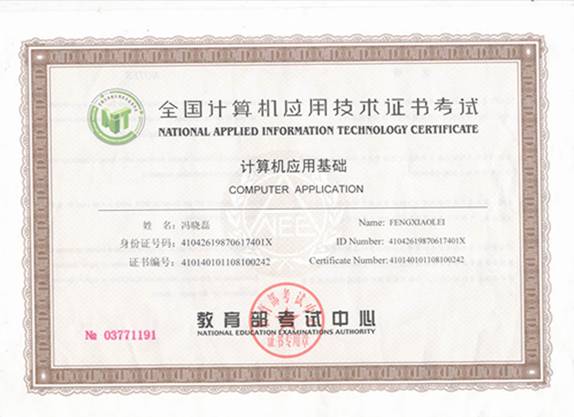全国计算机应用技术（NIT）证书样本